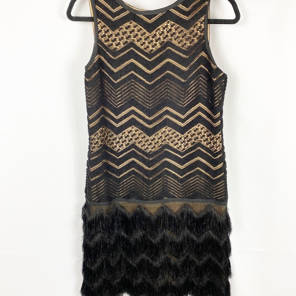 MAX STUDIO Black & Beige ZigZag Fringe Dress
